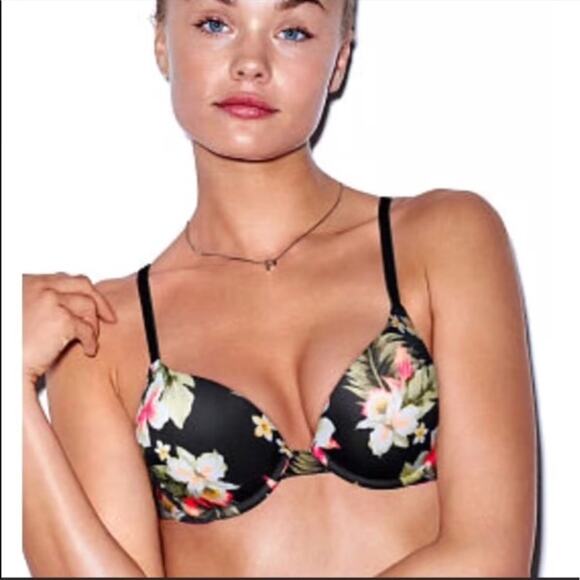 Victoria's Secret PINK Size 34DD Black Pink Flower Push-Up Bra - Picture 1 of 5